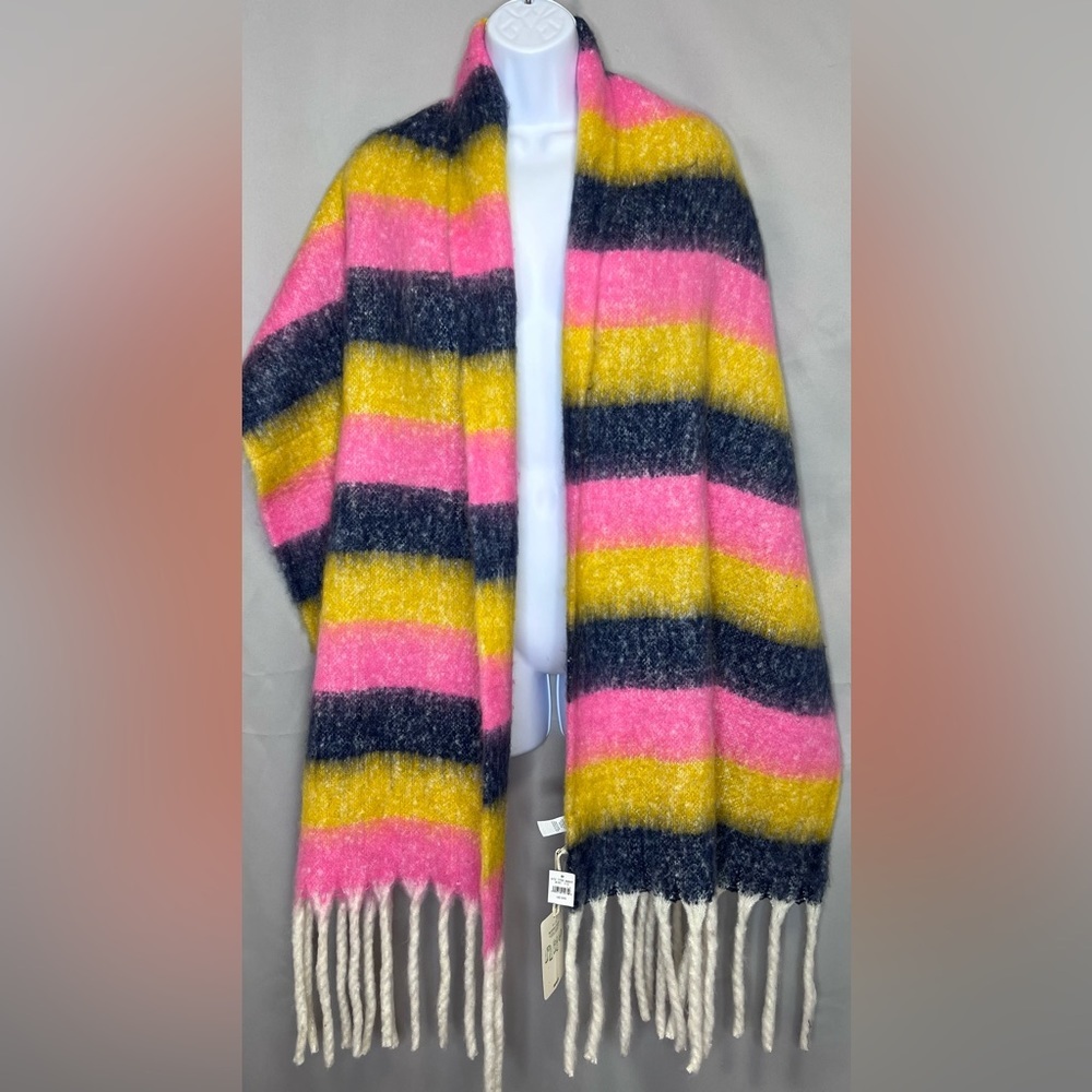 Aerie Scarf Womens Blanket Chunky Blue Yellow Pink Striped Fringe Soft 19"x92"
